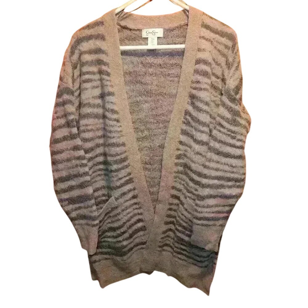 Jessica Simpson Zebra Print Fuzzy Cadigan Sweater Sz Medium Open Front